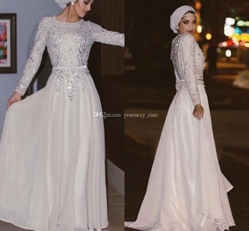 2019 Sparkly Long Sleeves Muslim Kvällsklänning Arabisk Chiffon Formell Holiday Wear Prom Party Gown Anpassad Plus Storlek