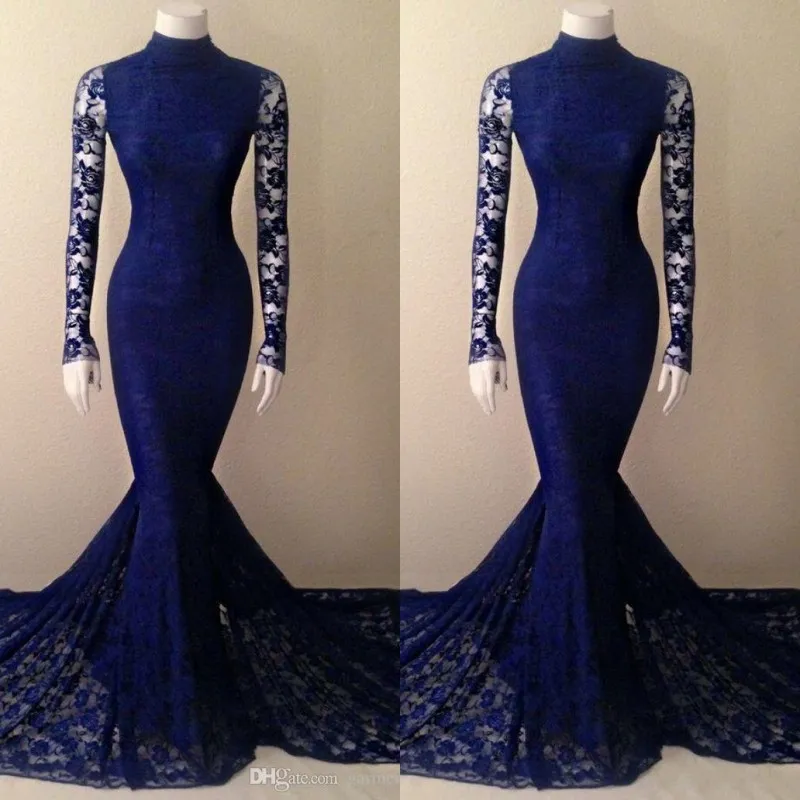 2018 Royal Blue Lace Mermaid Prom Dress Collo alto Coda di pesce Corte dei treni Abiti da sera formali a maniche lunghe trasparenti