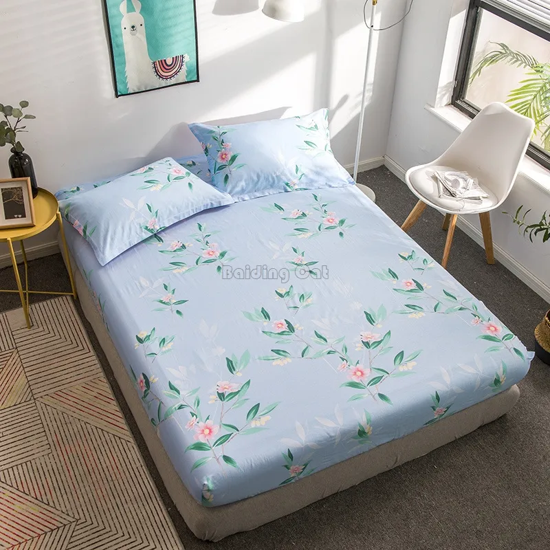 Planta de flor de folha verde da mola impresso chapa equipada 100% algodão tecido lençóis conjunto de cama 120 * 200cm, 150 * 200cm, 180 * 200cm tamanho