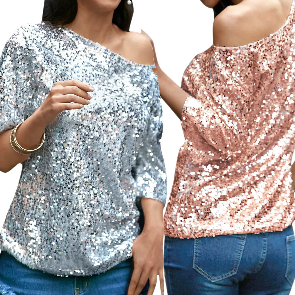 T-shirt da donna sexy con paillettes glitterate con spalle larghe Camicie casual estive Top da festa streetwear vintage T-shirt rosa/argento da donna