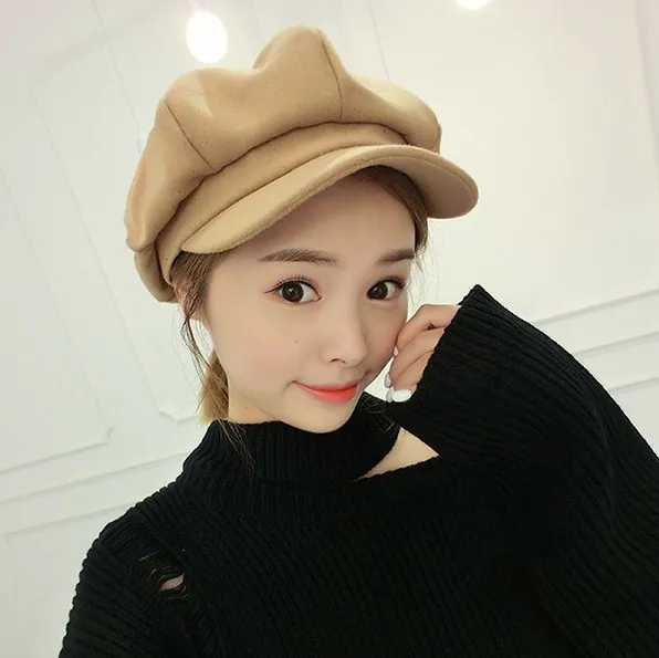 Inverno Mulheres Cor Sólida Francês Boina Newsboy Cap Lã Misturado Outono Plana Octogonal Beanie Caps para Senhora