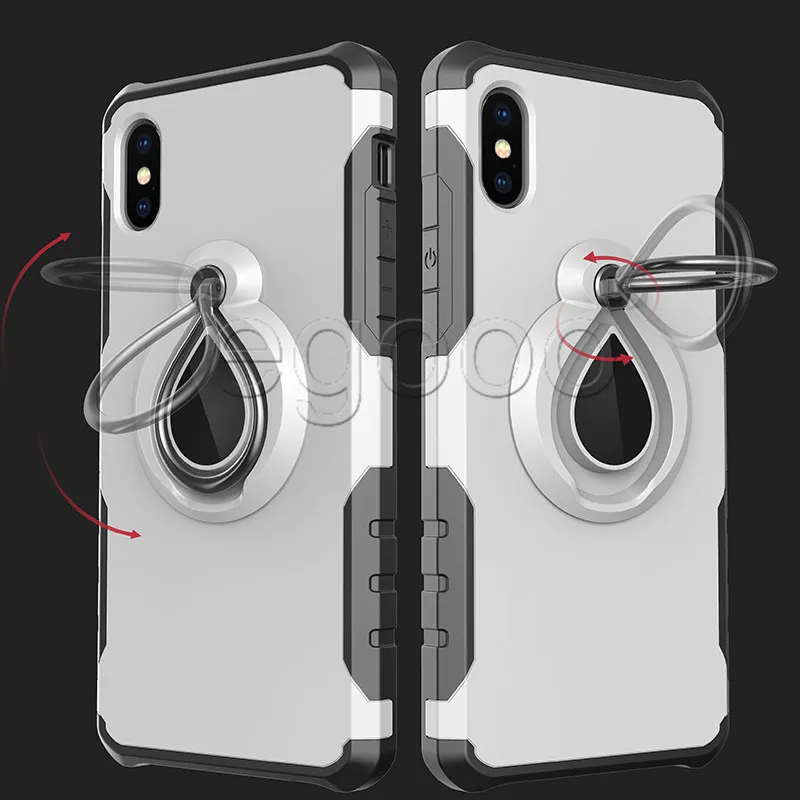 iPhone X XR XS MAX 8 7 6 Plus S8 S9 S10 Plusのカーホルダーにキックスタンドを備えた磁気リングアーマーケースハイブリッドデュアルレイヤー