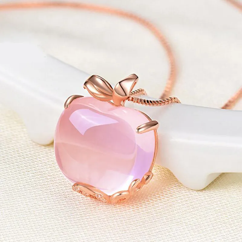 Rose Quartz CZ Crystal Pink Opal Apple Shape Hanger Ketting Choker Voor Vrouwen Meisjes Leuk Gift