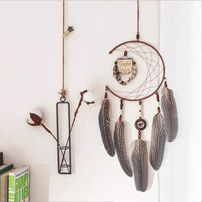 Attrape-rêves fait à la main avec pendentif hibou Double anneau plumes carillon éolien Bar mariage maison tenture murale décor cadeau Regalo