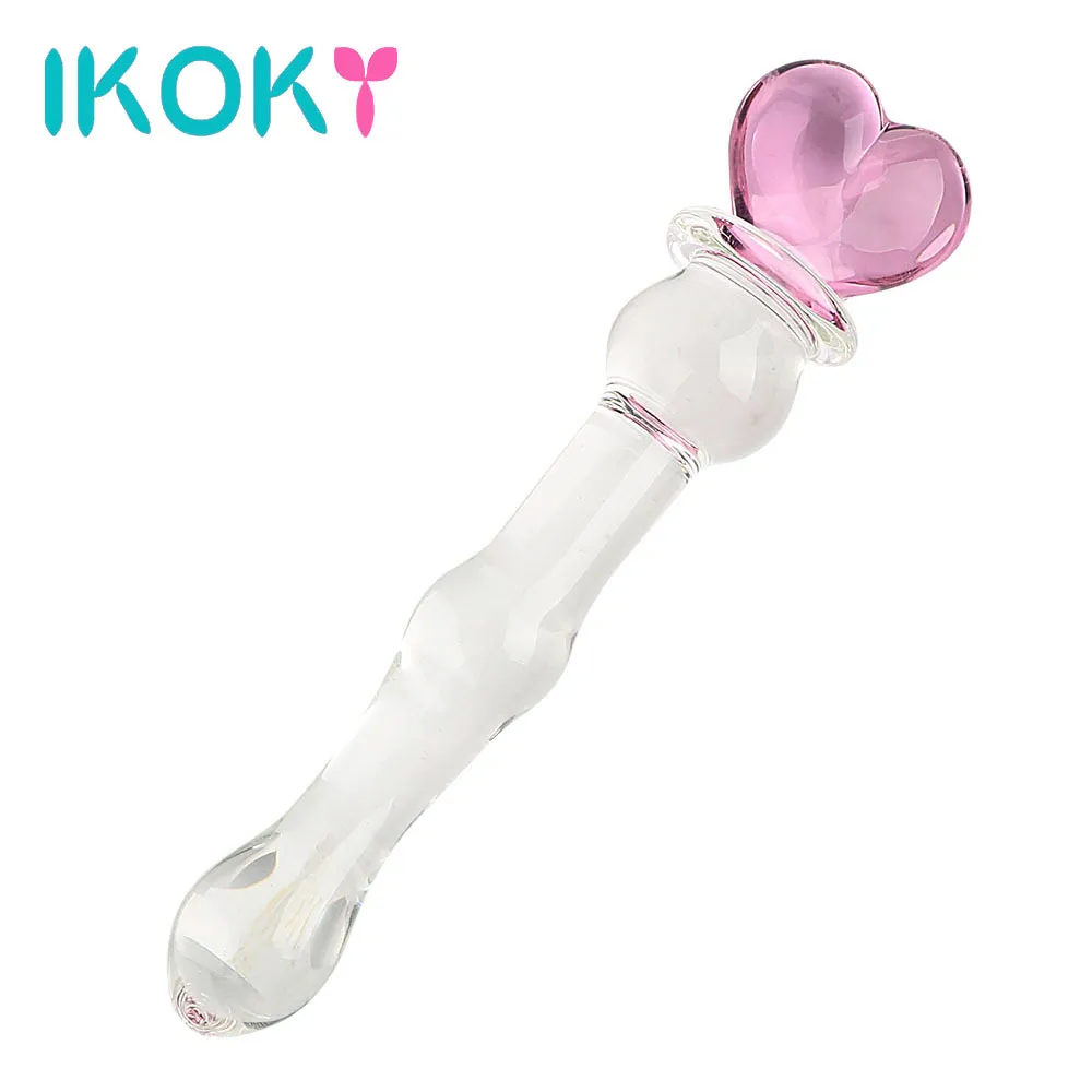 Ikoky Glass Dildo Pink Heart Crystal Masturbator Do Samica Pochwy i Stymulacja Anal Lucid Sex Zabawki dla kobiet Koraliki Anal Y18110504