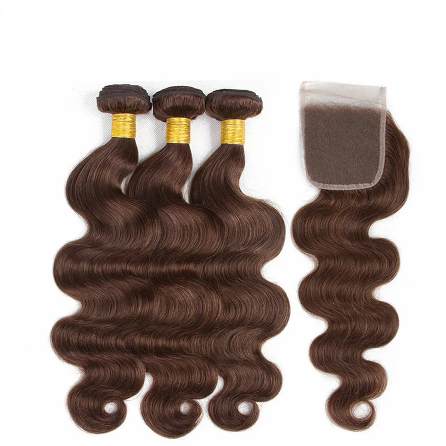 Médio Cabelo Humano Marrom Tece Com Fechamento de Rendas Onda Do Corpo de Chocolate Brown Extensão Do Cabelo Com Fecho de Renda 4x4 Parte Livre