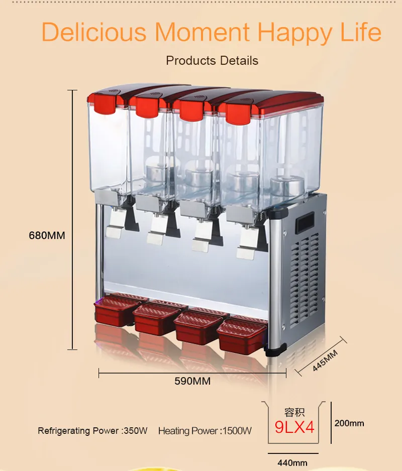 Kolice gratis verzending naar deur EU US 4 * 9L tank warm koude functie keuken bar sap dispenser bevroren drinken bevroren fruit ijsdrank