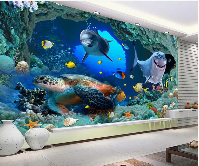papéis de parede 3d parede Dolphin Surf Oceano Mundo 3D Banheiro Sala Piso Azulejos papel de parede para banheiros