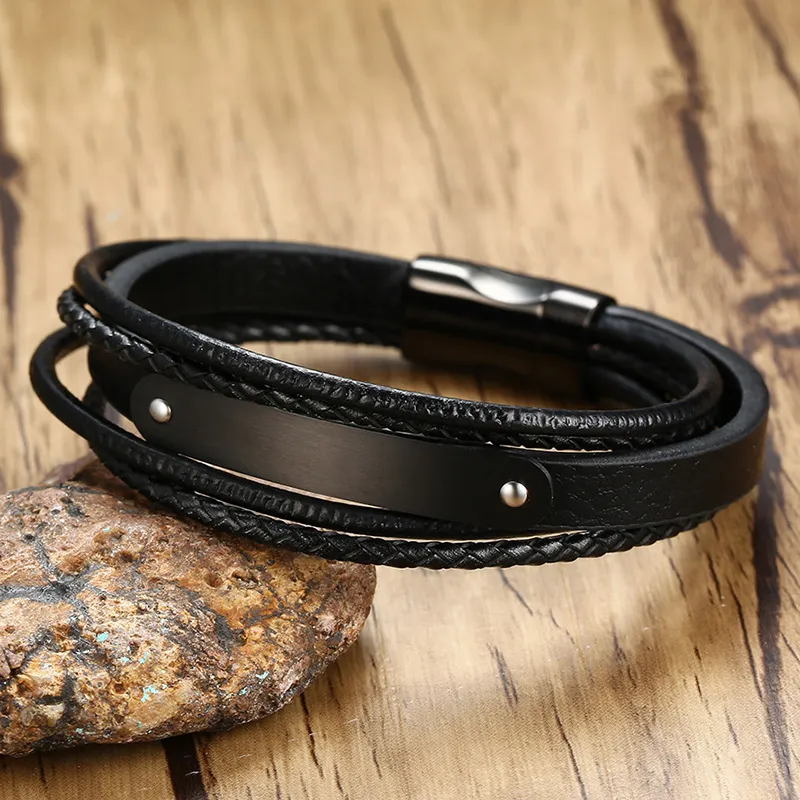 Free Engraving Matt Blank Curved Plate Leather & Stainless Steel Bracelet Wrap Black Wristband Gifts for Men