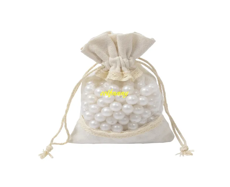 10x14cm Transparent PVC Window Lace Cotton Burlap Bag Jewellery beads Drawstring Pouch Wedding gift bags