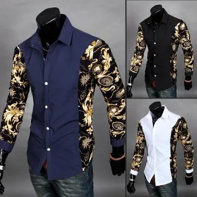 Novo 2016 camisas de vestido preto e dourado barroco impresso camisa branca homens roupas de verão camisas slim fit chemise roupas baratas china252h