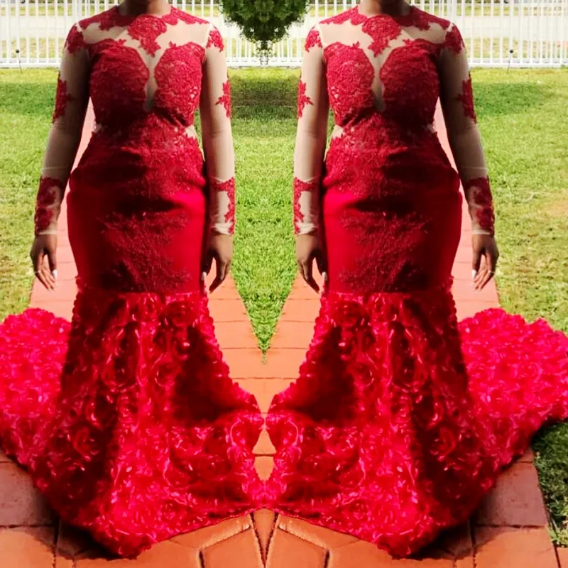 Robes de bal sirène sud-africaines 2018 appliques de dentelle rouge pure manches longues robes de soirée, plus la taille ruché balayage train robe de soirée formelle