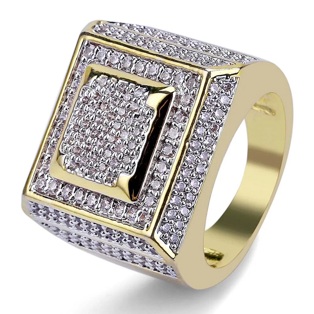 ICED OUT Men's 14K Gold Rings Cluster Layered Squares Ring Sizes Micro Pave CZ Hip Hop Jewelry