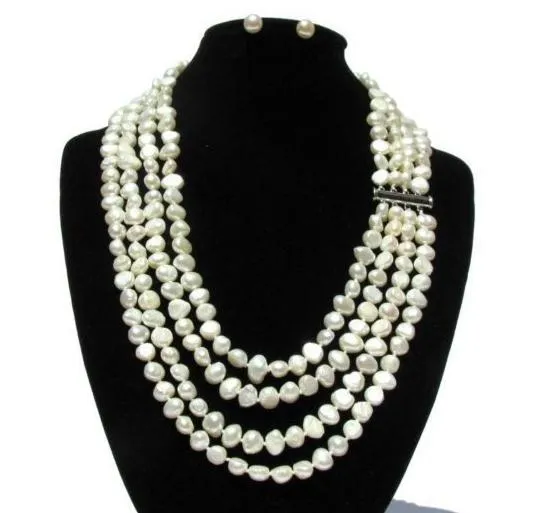 Set di gioielli di perle vere di New Arriver, orecchini di collana di perle d'acqua dolce bianche barocche 7-8mm, spose di damigelle d'onore