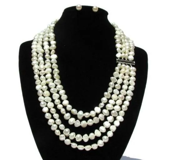 Ny Arriver Real Pearl Smycken Set, 7-8mm Vit Baroquegenuine Freshwater Pearl Halsband Örhängen, Bridesmaids Brides