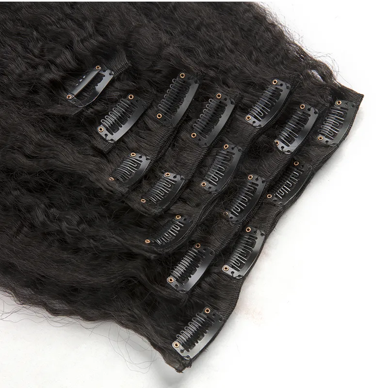 Natural Black Kinky Straight Clips In Brazilian Human Hair Extensions 120g Set Coarse Yaki Clip Ins Machine Made Remy2235041