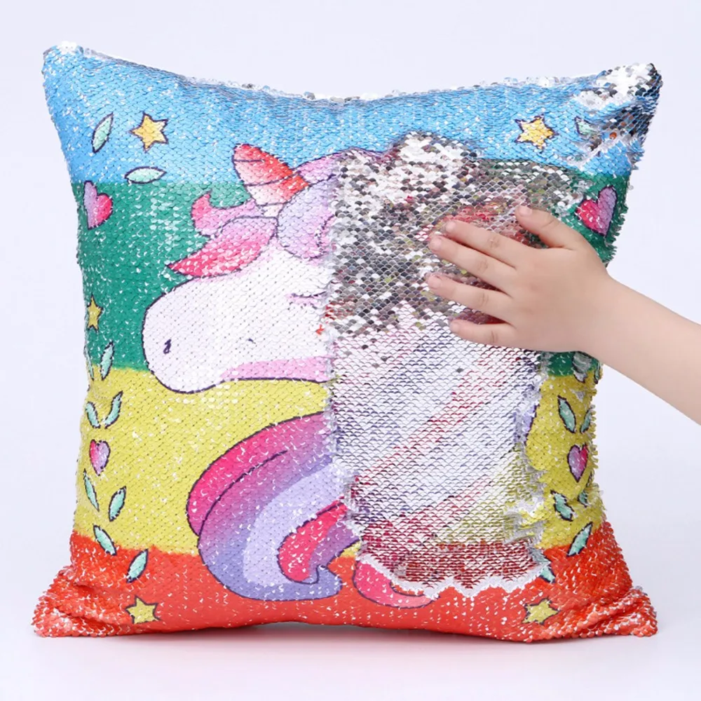 Tekboynuzlar Denizkızı Sequins Koltuk Yastık Kılıfı Karikatür Yastık Kapak Glitter Pullarda Döner Yastık Ev Minder Dekor 40 * 40cm CNY146