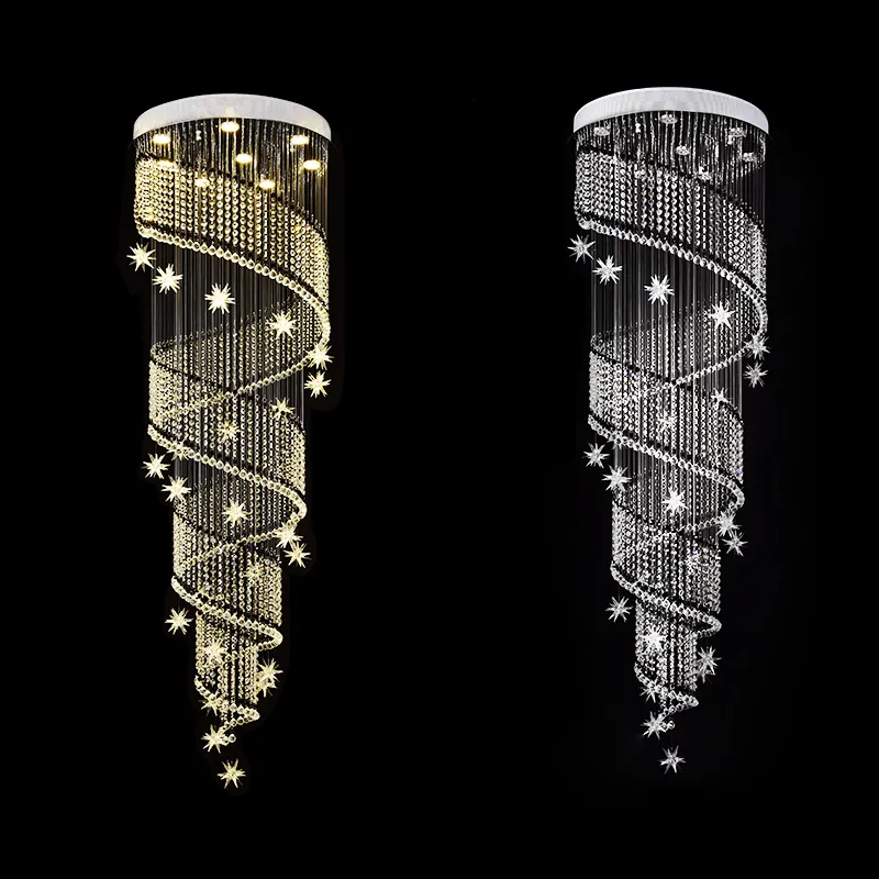 Luksusowy LED Spiral Kryształowy Żyrandol Oświetlenie Raindrop Schody Kryształy Sufitowe Oprawy światła z gwiazdami na schody salon