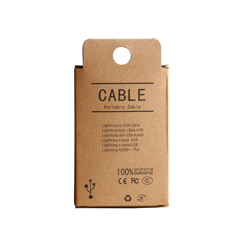 100 st Partihandel Anpassad Paketlåda för 1,5 M USB-kabel för iPhone Samsung Retail Kraft Paper Packaging Packing