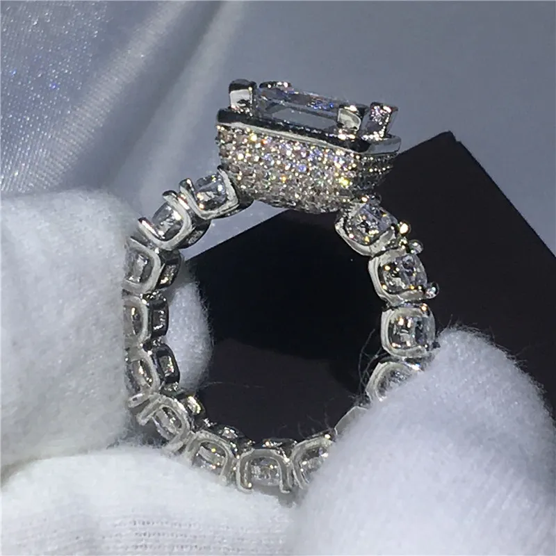 Vecalon Luxury Ring Full Pave Inställning 5a Zircon Diamond 925 Sterling Silver Engagement Bröllop Band Ringar för Kvinnor Present