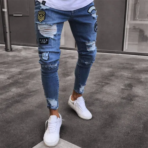 2018 Fashion Mens Skinny Rip Slim Fit Stretch Denim Distress Frayed Biker Jeans Boys Embroidered Patterns Pencil Trousers