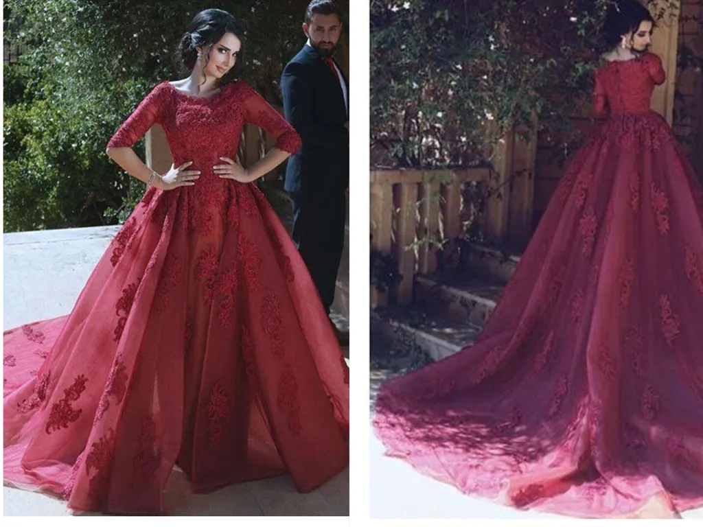 A Line Burgundy Lace Gothic Muslim Wedding Dresses Short Sleeves 2019 Hochzeitskleid Mariage Bridal Wedding Gowns Nigeria