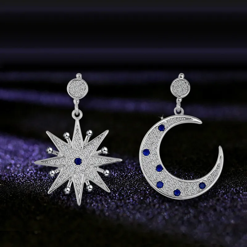 Vecalon Klasik Tarzı Güneş Ay Dangle Küpe 5A Zirkon CZ Beyaz Altın Dolgulu Yıldönümü Düğün Bırak Küpe Kadınlar Için