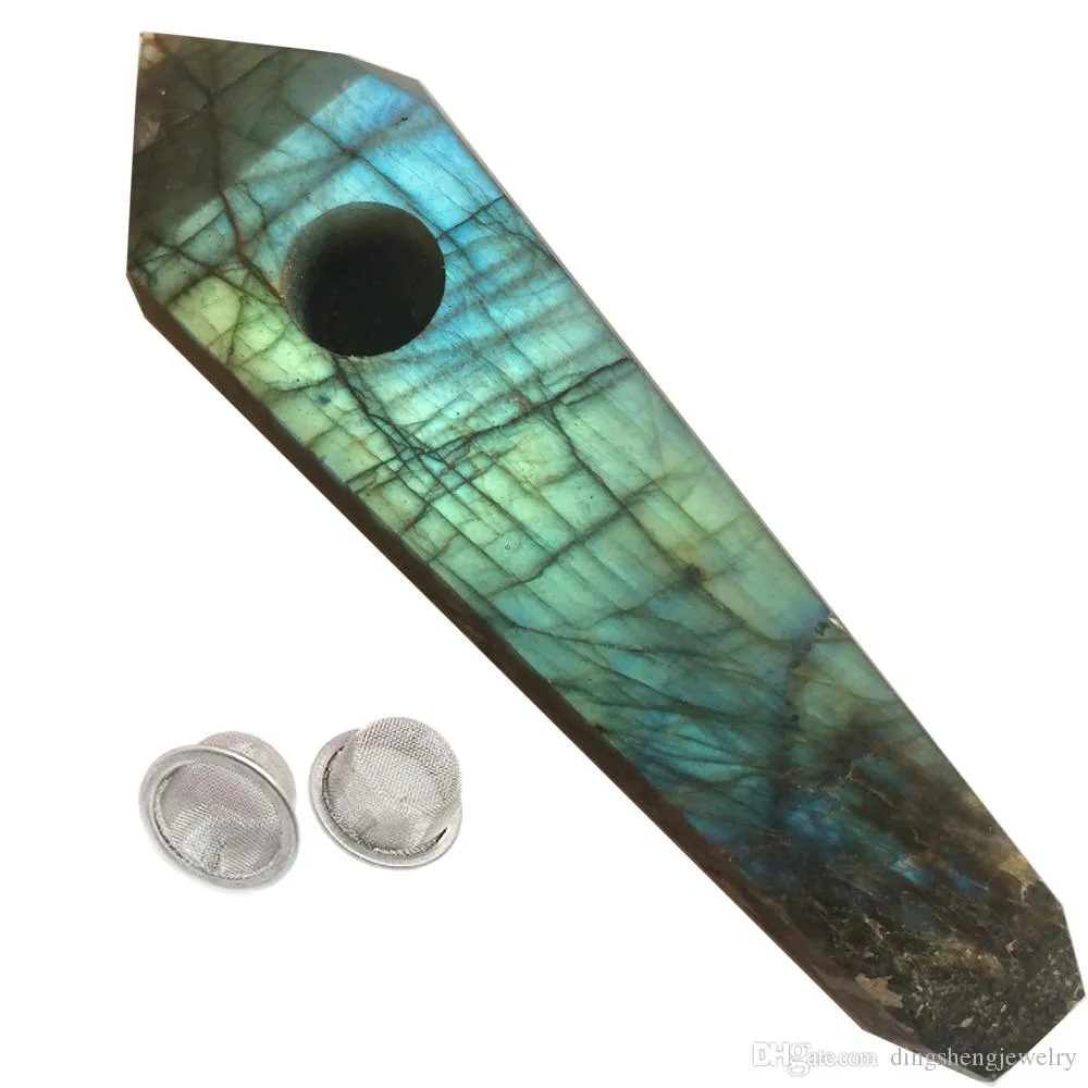 Natural Flashy Labradorite Quartz Smoking Pipe Crystal Quartz Tobacco Stone Wand Point Cigars Pipes With 2 Metal Filters Wholesale