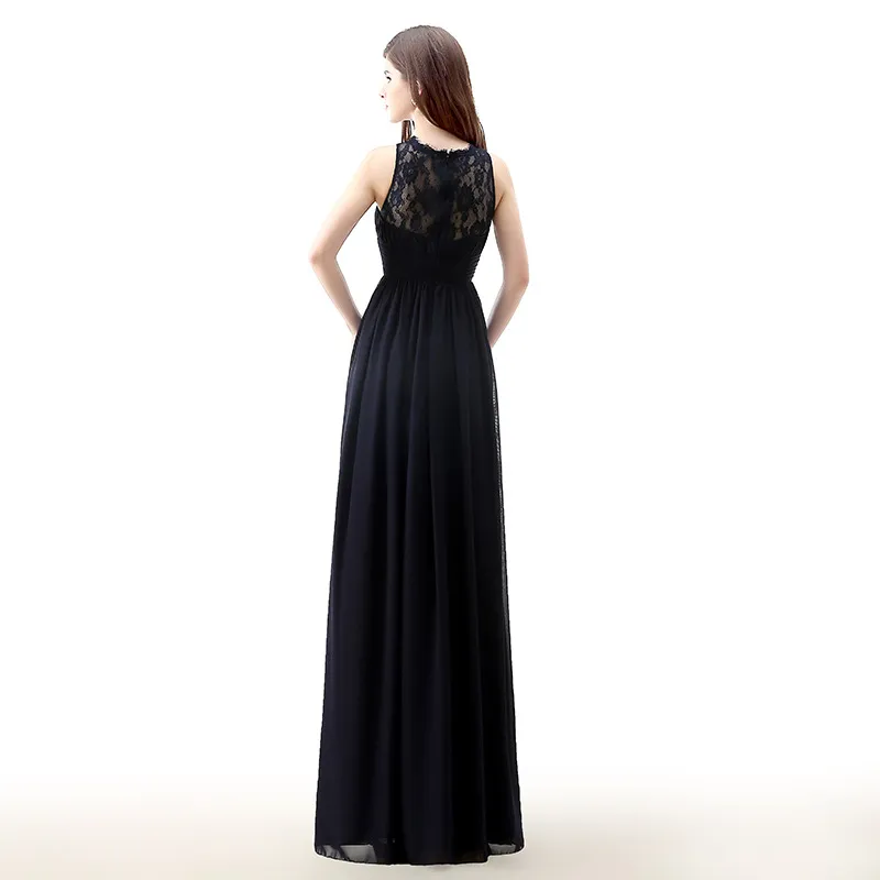 Splendidi abiti da damigella d'onore in pizzo chiffon nero con cerniera sul retro, pieghe in chiffon, abito da cerimonia nuziale, abiti da festa economici