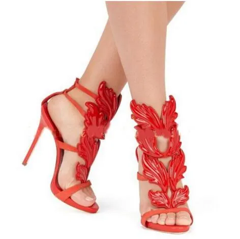 2018 Hot Sale Golden Metal Wings Leaf Strappy Dress Sandal Silver Gold Red Gladiator High Heals Shoes Women Metallic Winged Sandals