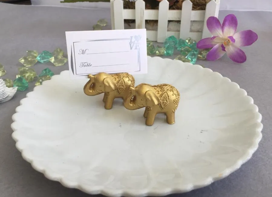 100 stks Gold Lucky Elephant Place Card Houders / Foto Houder Weddingbridal Douche Gunsten en Gift Gratis verzending