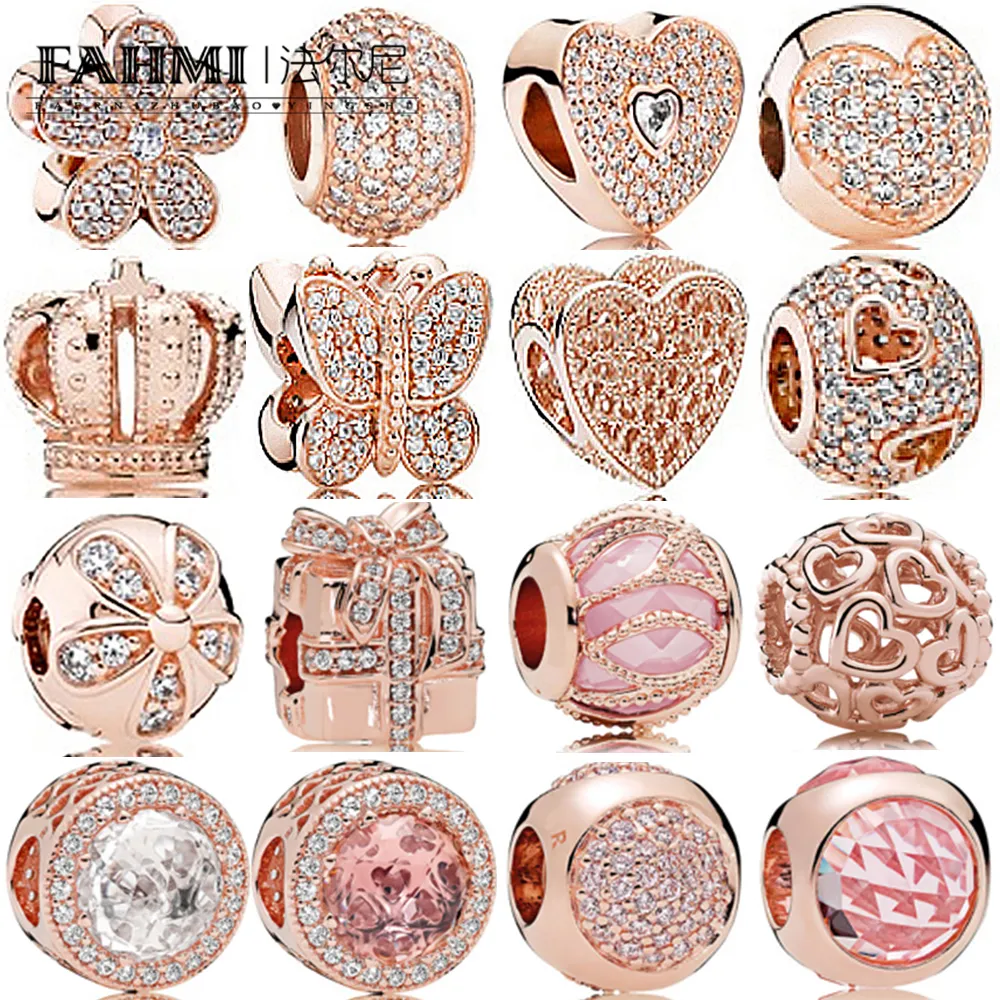 Fahmi 100% 925 Sterling Silver Charm Rose Gold Crown Prezent Trzy Koraliki Temperament Wyśmienity Moda Vintage Ladies Bead Jewelry