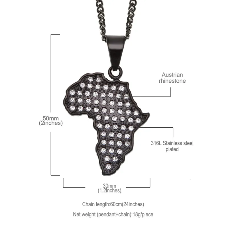 Cool Men Hip Hop Necklace Stainless Steel Black Gun Gold Plated CZ Africa Map Pendant Necklace for Men Women NL-563