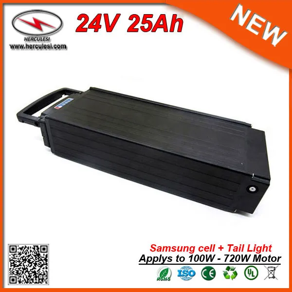 High Safety In Night 700W Electric Bike Battery 24V 25Ah Rear Rack Battery with Tail Light Used 2.5Ah 18650 cell FREE SHIPPING