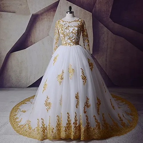 Stunning Whit Gold Lace Ballgown Yellow Wedding Dress With Long Sleeves Applique And Illusion Beads Real Photos Included From Lovemydress 110.53 DHgate.Com