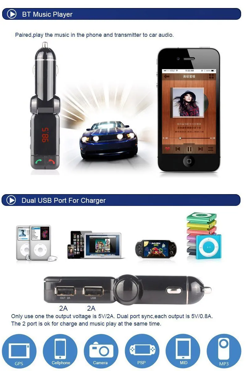 BC06 Bluetooth Car Kit MP3 FM Transmitter Hands Free USB  For iPhone Samsung HTC Android