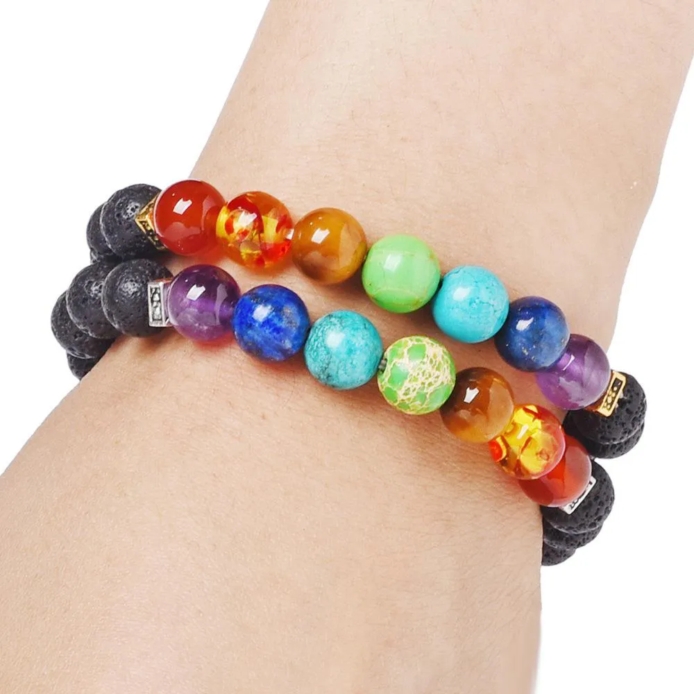 The Seven Chakra Bracelets Beaded Bracelet For Men Women's Natural Emperor Stone Bracelet Square Charm Fashion Jewelry 8MM Beads