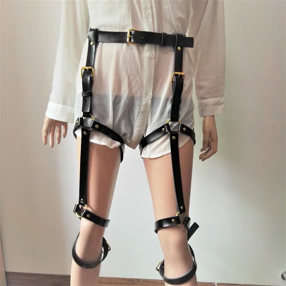 Women Handmade Leather punk sexy Harness Body Bondage Strap golden metal garter Leg ring two rows suspender Waist Belt slim body