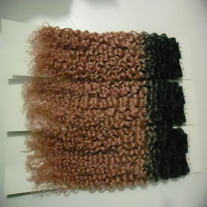 Ombre Human Tape In Kinky Curly Tape In Human Hair Extensions Brasilianska Remy Hår På Lim Tape Pu Skin Weft Osynlig 300g 