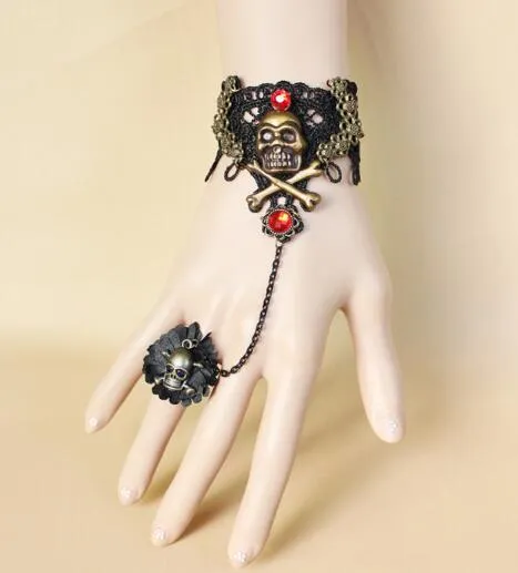 nuovo vestito gotico gratuito Halloween vampiro pizzo nero braccialetto con teschio pirata anello a fascia elegante classico chic