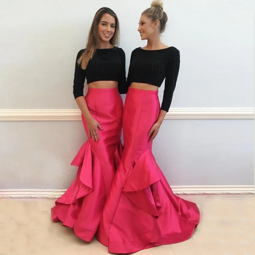 black and pink two piece prom dress Ava Presley 47054 Prom Fitted Sequin Long Formal Dress The Dress Outlet