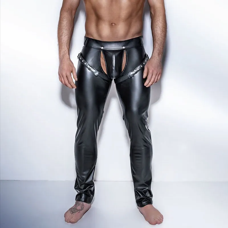 Sexy Mężczyźni Śmieszne Skinny Faux PU Skórzane Spodnie Otwarte Spodnie Frontowe Gay Wetlook Black Long Johns Nightclub Performance Dancer Skórzane spodnie