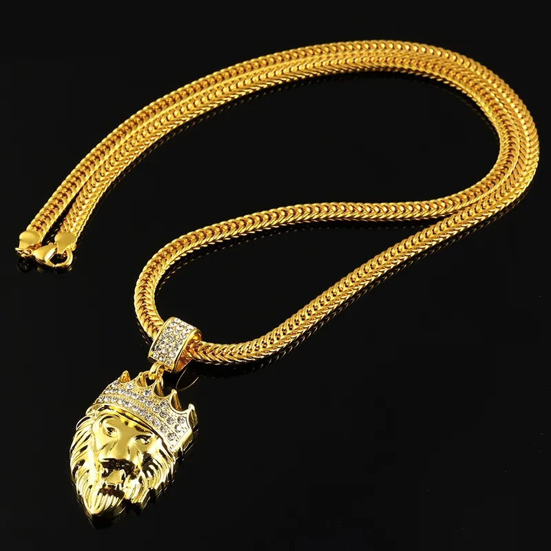 Män hiphop mode lejon huvud hänge halsband strass design 75 cm lång orm kedja fyllning bitar mens halsband smycken245b