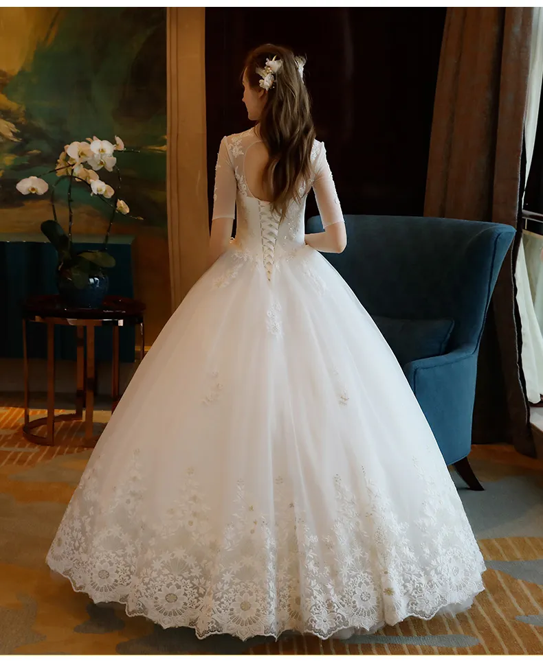 Robe De Mariage Gelinlik El Yapımı Brautkleid Scoop Boyun Kristal Balo Gelinlik Üç Çeyrek Vestidos De Noiva