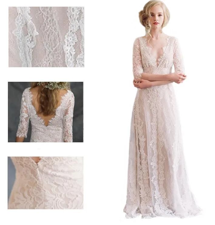 Bege Lace Wedding Dress Bohemian estilo Illusion Sheer Quarter Neck Lace vestidos de noiva Três mangas Zipper Voltar Trem da varredura