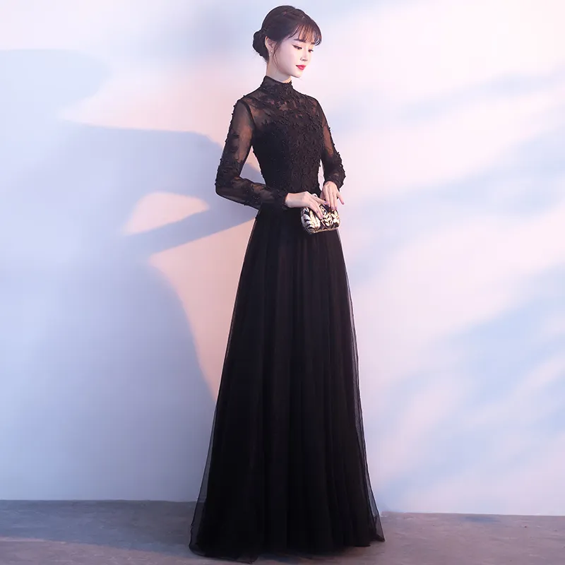 Qatar 2024 Anpassa högkvalitativ ny svart långärmad aftonklänningar handgjorda decal Pearl Long Winter Ball Dresses HY021