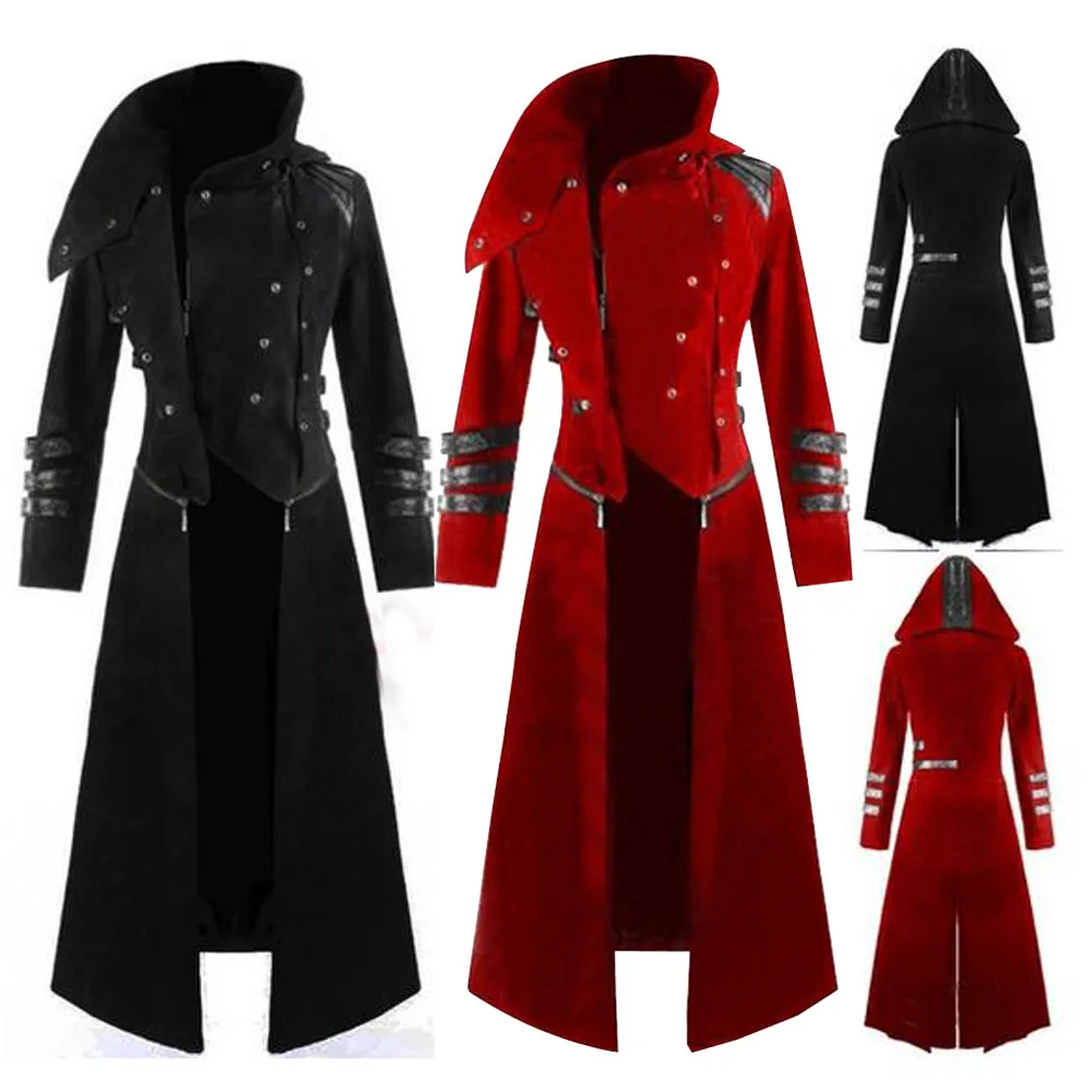 Nowe Multi Colors Męskie Gothic Steampunk Hooded Trench Party Costume TailCoat Długi Rękaw Kurtka Retro Płaszcz Kurtka