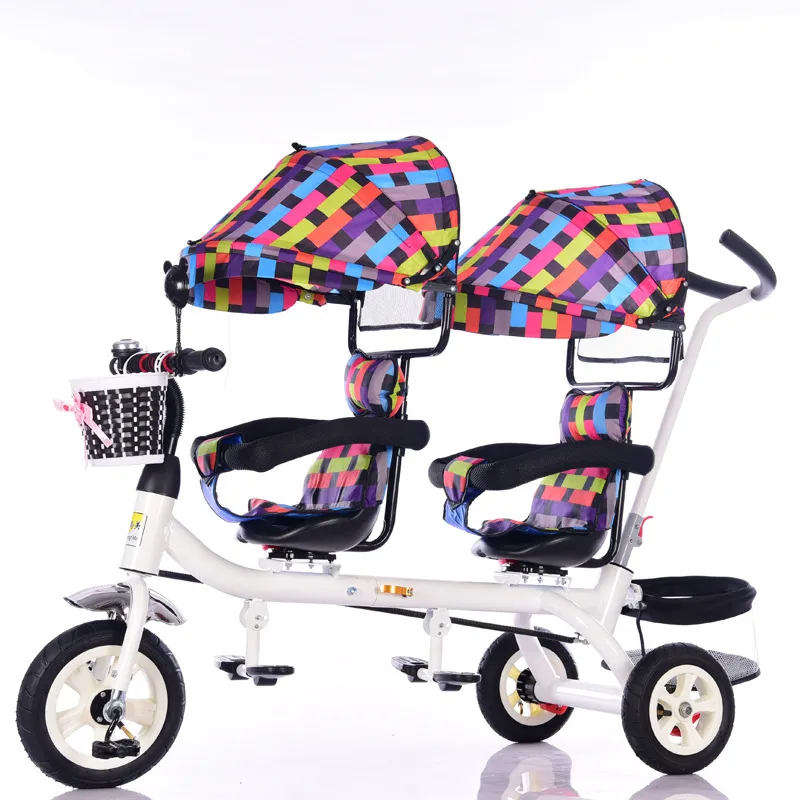 Premium Children's Double Tricycle, Twins, Trolley, One-Key Swivel Seat, Infant Folding Bike