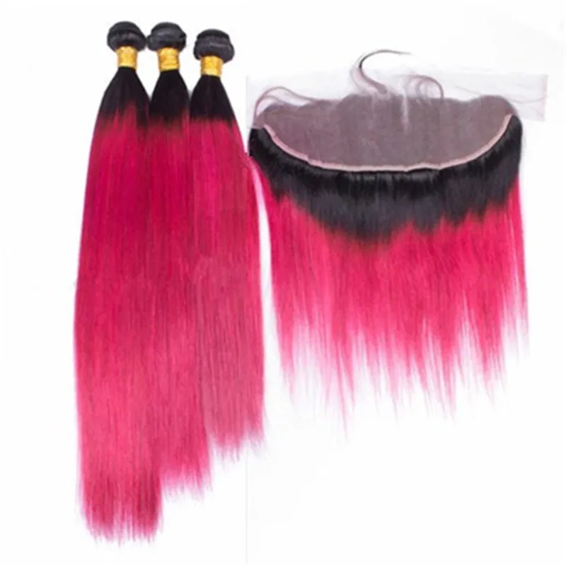 Перуанские Ombre Розовые пучки человеческих волос с кружевом Фронтальная застежка 13x4 Два тона 1B / Ярко-розовый Ombre Девственные плетения волос с полными фронтальными вставками