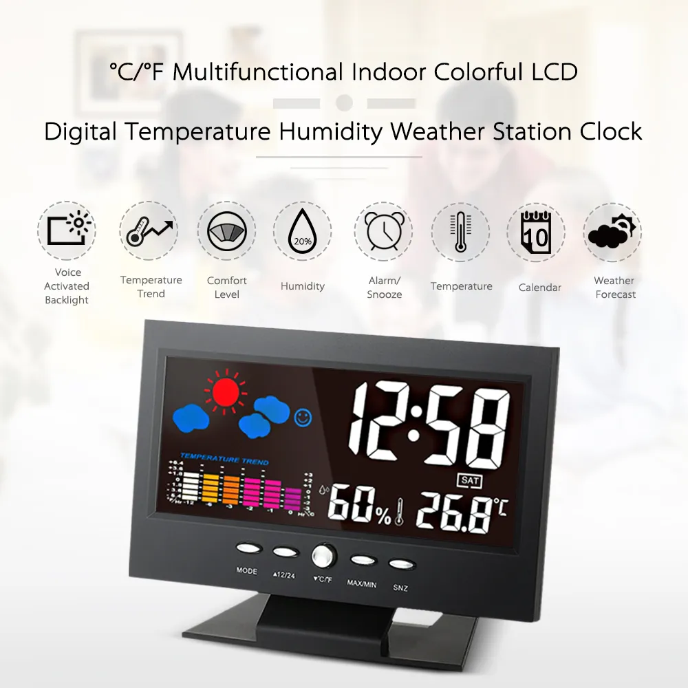 Freeshipping Digital termômetro higrômetro estação meteorológica temperatura Alarm Clock calibre colorido LCD Calendário Vioce-activado Backlight